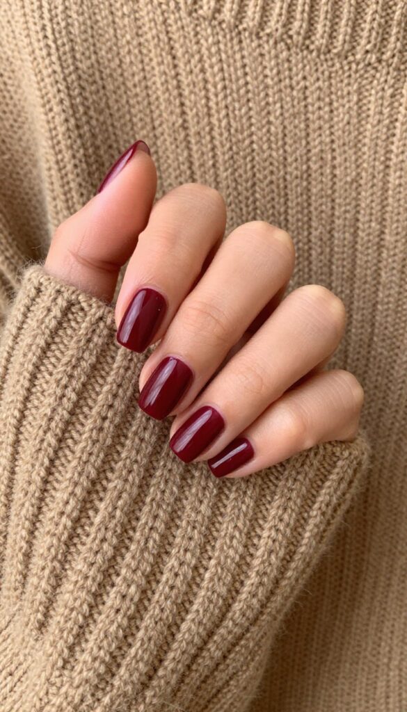 Short square nails in classic burgundy with glossy finish