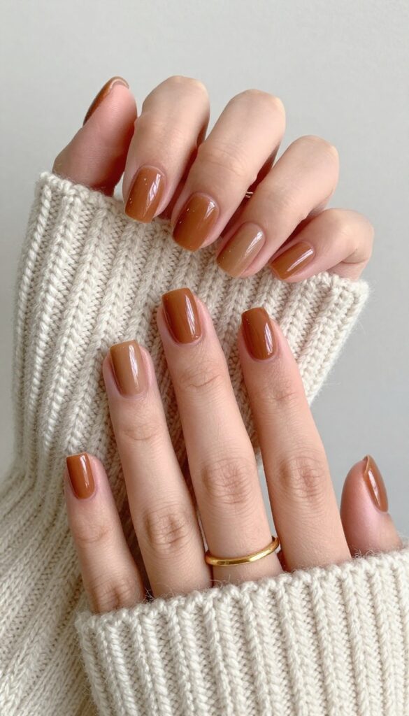 Short square nails in cinnamon spice glazed finish on a woman's hands