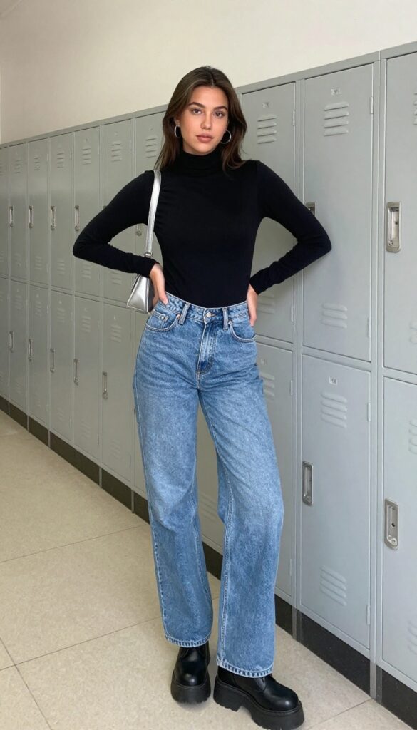 7. Wide-Leg Jeans with a Fitted Turtleneck and Platform Boots