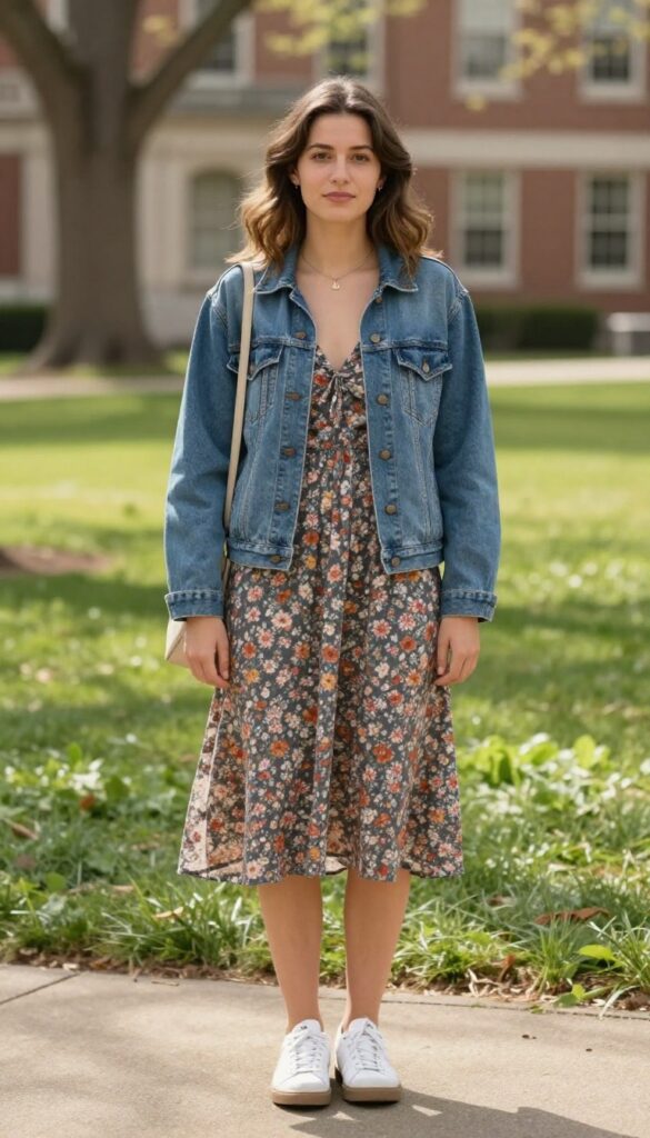 4. Denim Jacket + Floral Midi Dress + White Sneakers