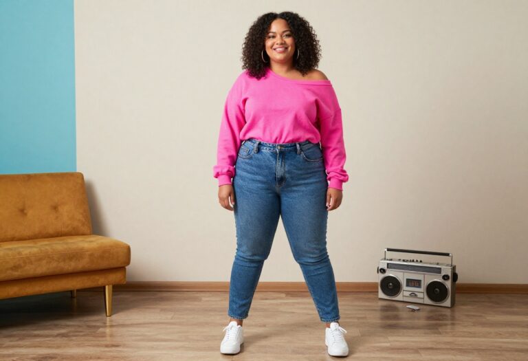 Plus size woman in 80s neon outfit with acid-wash jeans and fanny pack