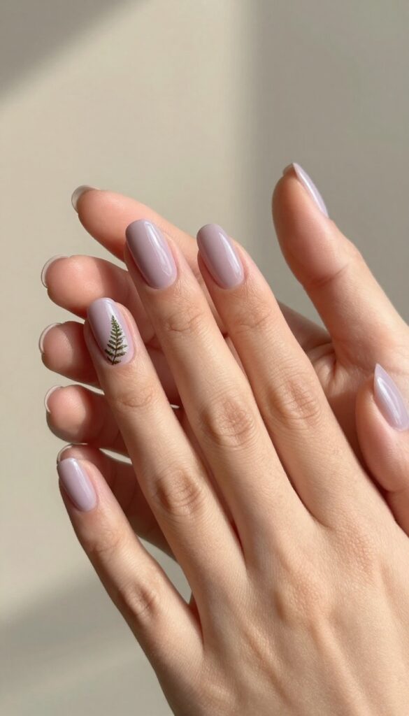 Muted lavender nails with pressed fern details near cuticle