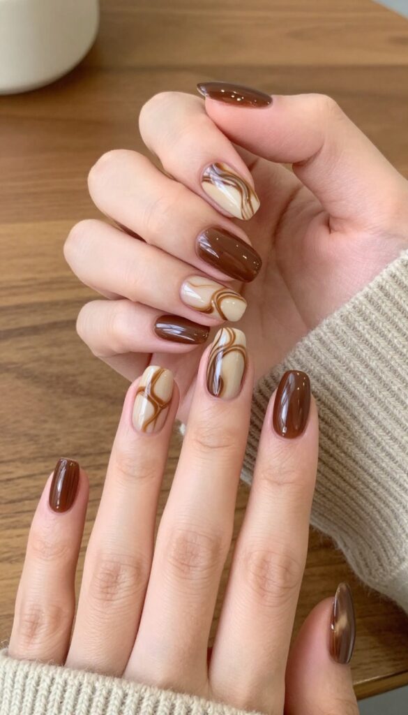 Mocha swirl marble nails with warm brown and caramel tones on almond-shaped nails