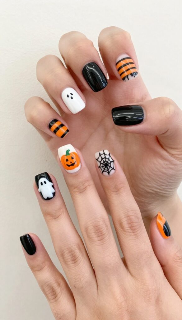 Mismatched Halloween nail art with ghost, pumpkin, spiderweb, and stripes on different nails