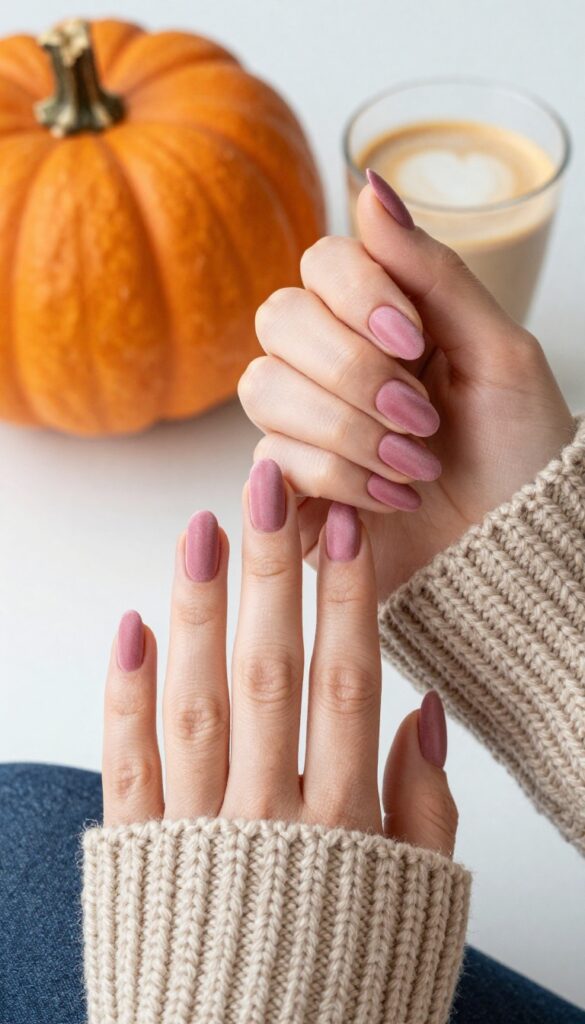 Dusty rose velvet nails with matte finish on almond-shaped nails, cozy autumn aesthetic