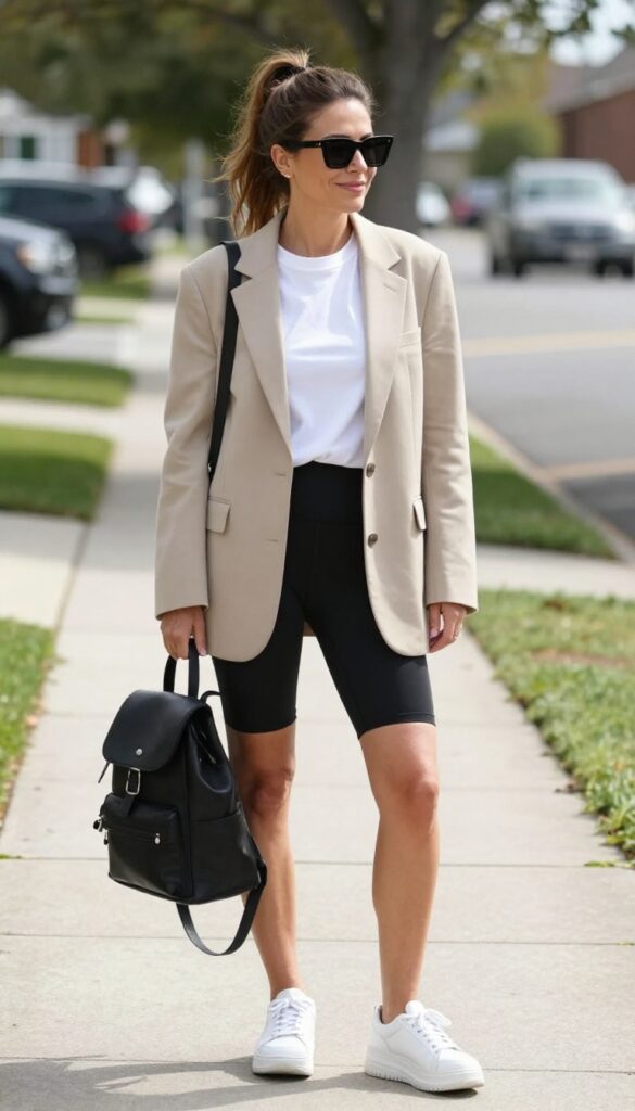 6. Blazer + Bike Shorts + White Tee