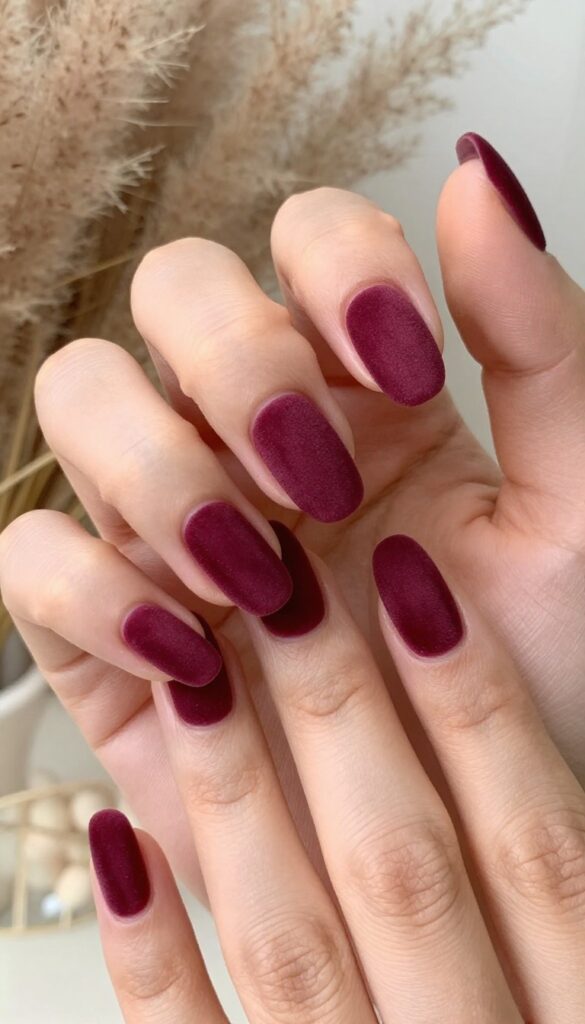 Plum velvet matte nails on short almond shape