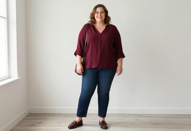 Plus size woman in dark jeans, flowy blouse, and loafers standing in a bright living room.