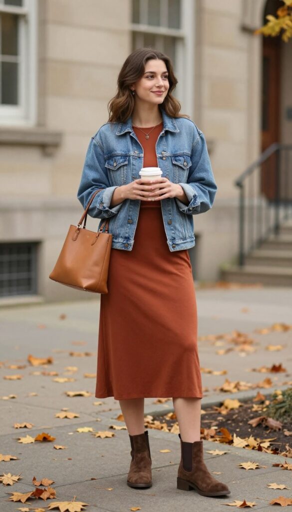 2. Denim Jacket Over a Midi Dress