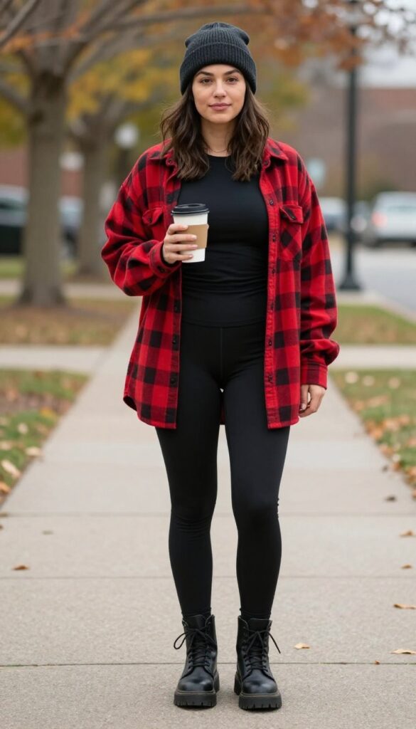 7. Flannel Shirt and Black Leggings