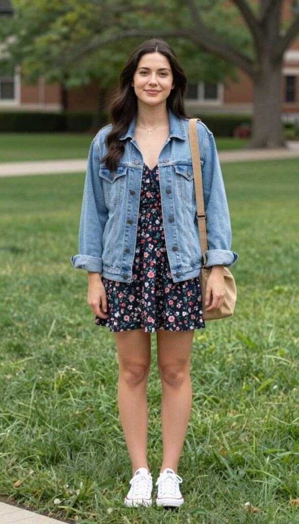5. Denim Jacket with Floral Dress and White Sneakers
