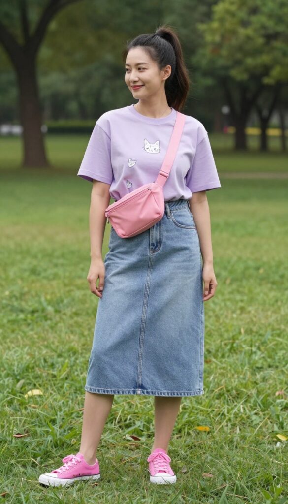 7. Graphic Tee with a Denim Skirt and Colorful Sneakers