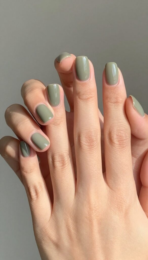 Muted olive green glossy short squoval nails