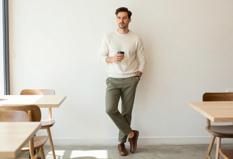 Man in cream sweater and olive chinos standing in a coffee shop, smart casual outfit