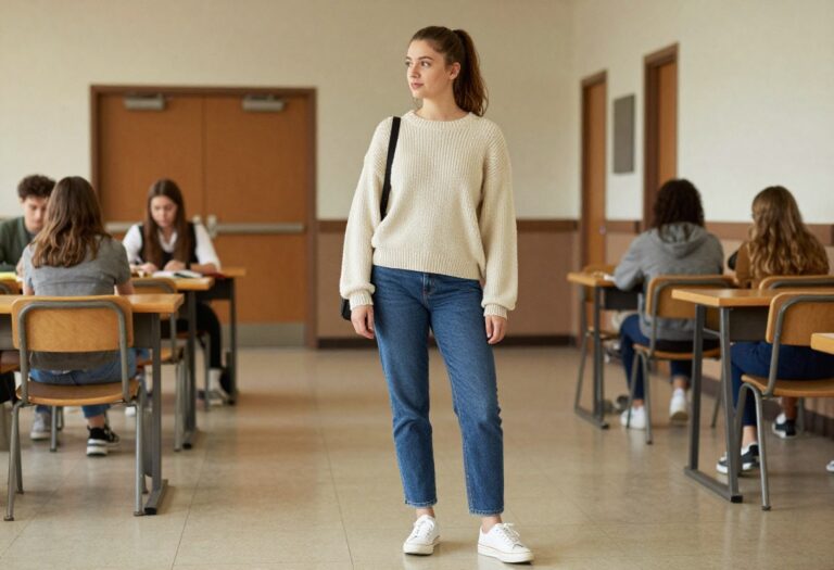 Young woman in jeans and sweater standing in a school hallway, casual outfit inspiration