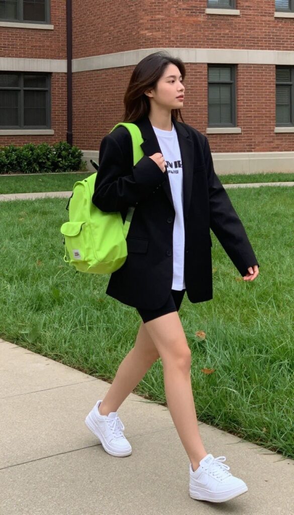 3. Oversized Blazer + Graphic Tee + Biker Shorts + Chunky Sneakers