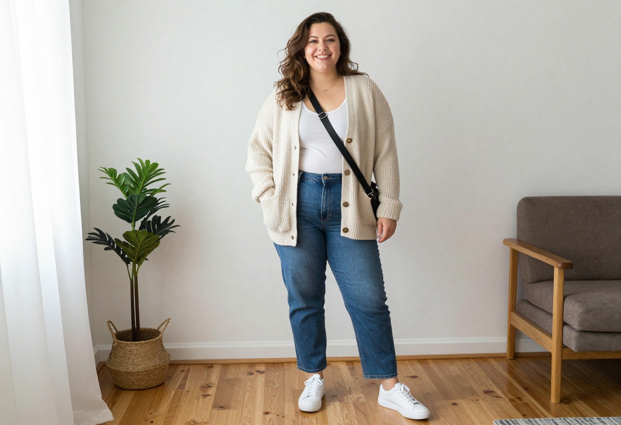 Plus size woman in oversized cardigan, tee, and jeans with sneakers, casual layered outfit