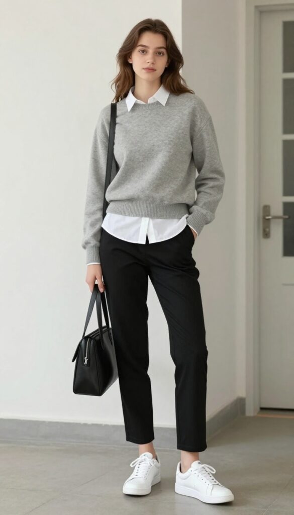 2. Gray Sweater + White Collar + Black Trousers