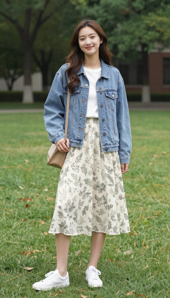4. Denim Jacket and Midi Skirt
