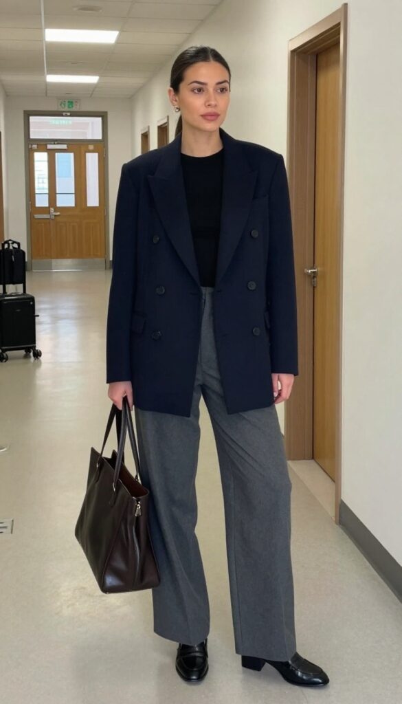10. Double-Breasted Blazer with a Turtleneck and Wide-Leg Trousers