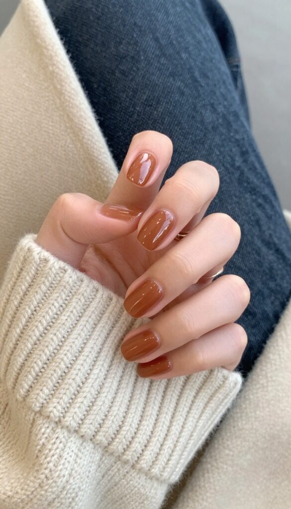 Cinnamon spice glazed nails on short oval nails with glossy finish, resting on a cream knit sweater.