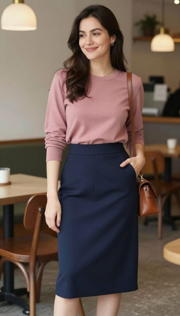 5. Soft Blouson Top With a High-Waisted A-Line Skirt