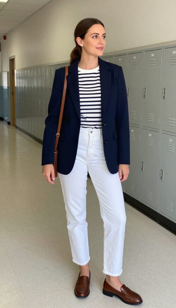 1. Navy Blazer + Striped Tee + White Jeans