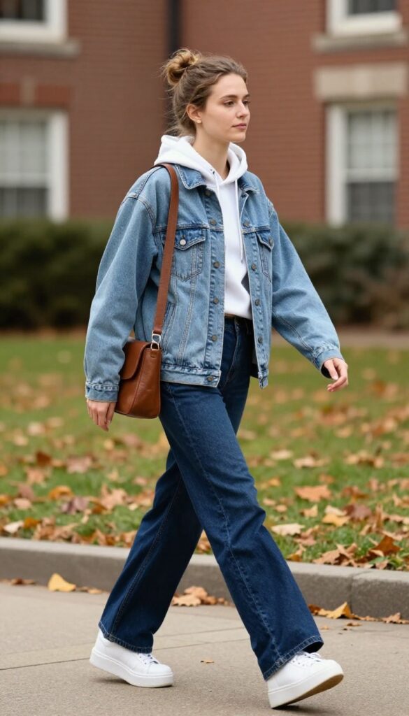 5. Denim Jacket Over a Hoodie with Wide-Leg Jeans