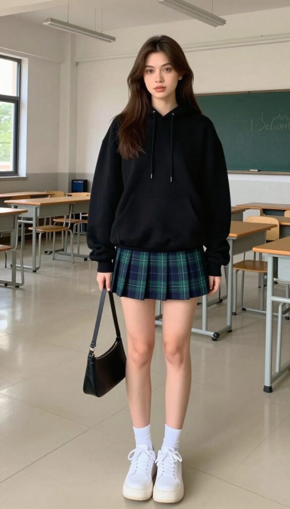2. Pleated Mini Skirt with an Oversized Hoodie