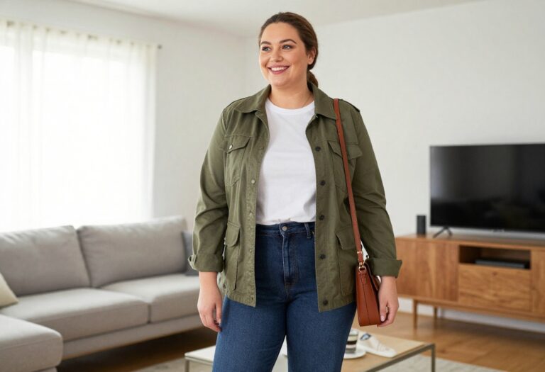 Plus size woman in olive utility jacket, white tee, straight-leg jeans, and white sneakers, standing in a bright living room.
