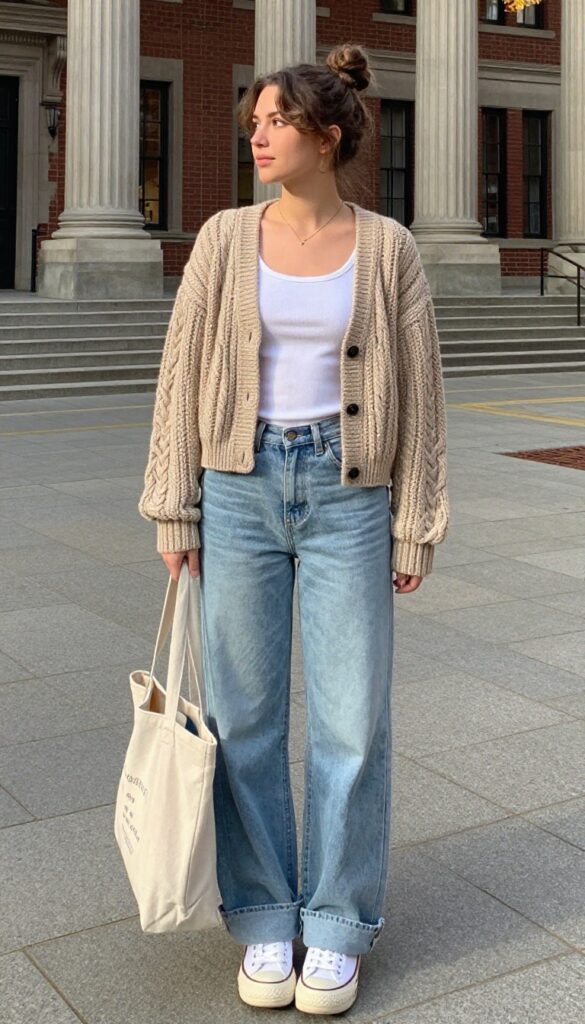 7. Chunky Cardigan + Wide-Leg Jeans + Platform Sneakers