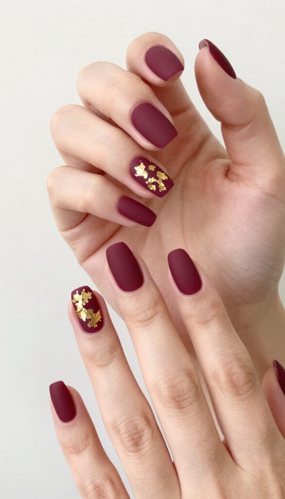 Velvet matte burgundy nails with gold foil accents on almond-shaped nails