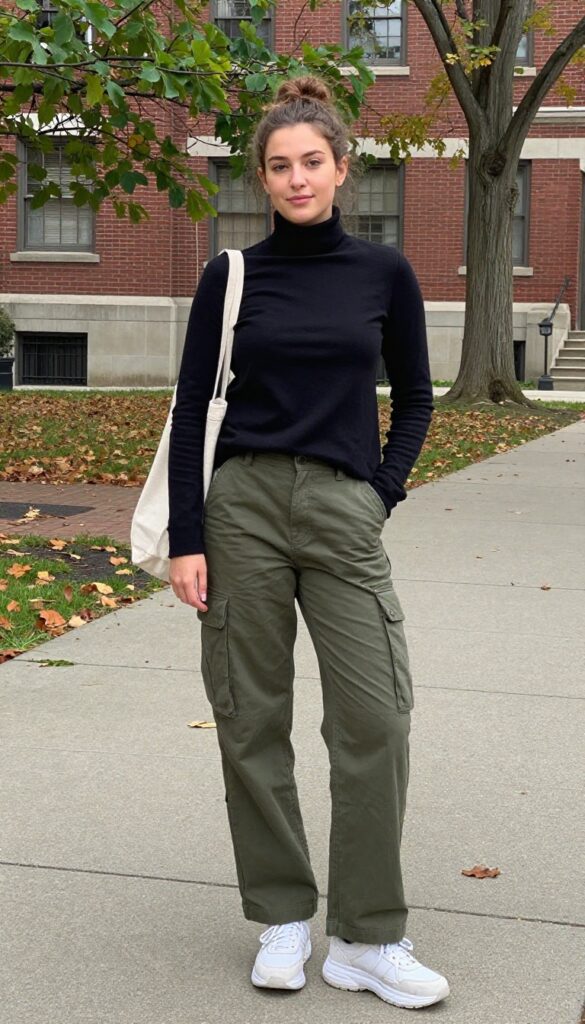 2. Olive Green Cargo Pants + Black Fitted Turtleneck + Chunky Sneakers