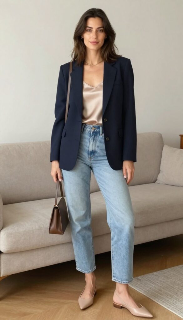 3. Structured Blazer over a Silk Camisole and Straight-Leg Jeans