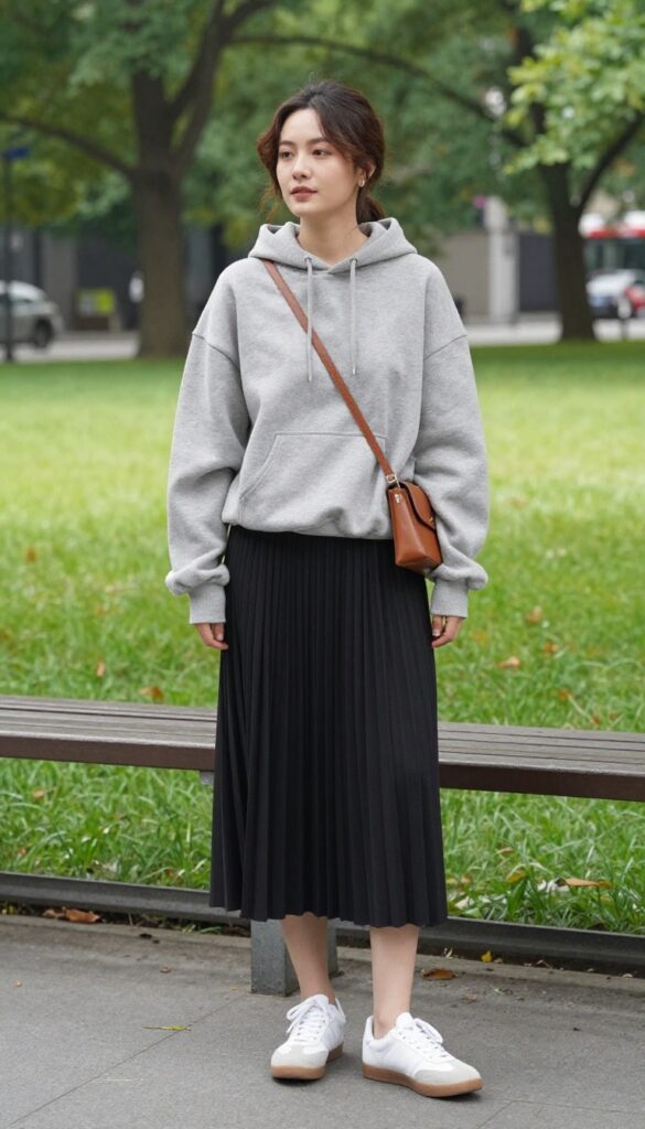 6. Soft Hoodie with Pleated Midi Skirt and Retro Sneakers