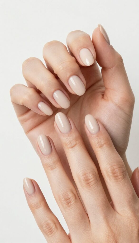 Mushroom beige glossy nail polish on almond-shaped nails