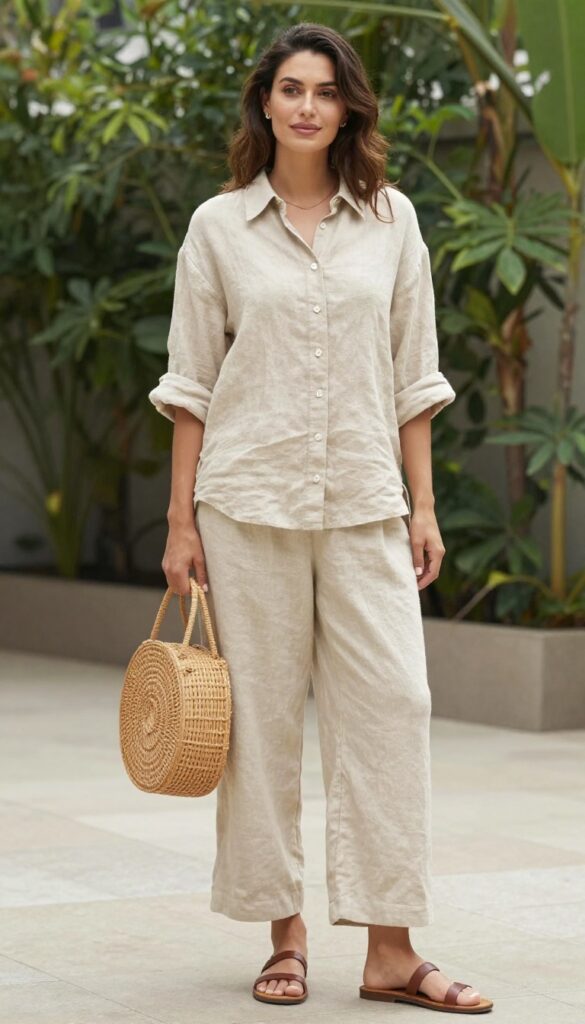 8. Linen Button-Down + Wide-Leg Linen Pants + Sandals