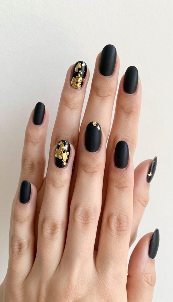 Matte black nails with gold foil accents