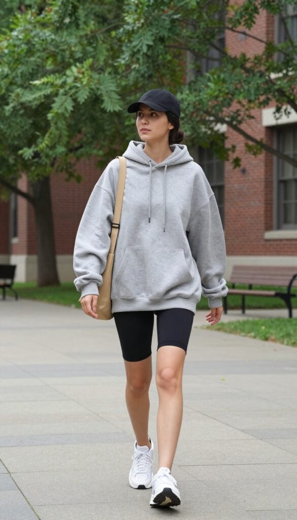 10. Biker Shorts with an Oversized Hoodie and Dad Sneakers
