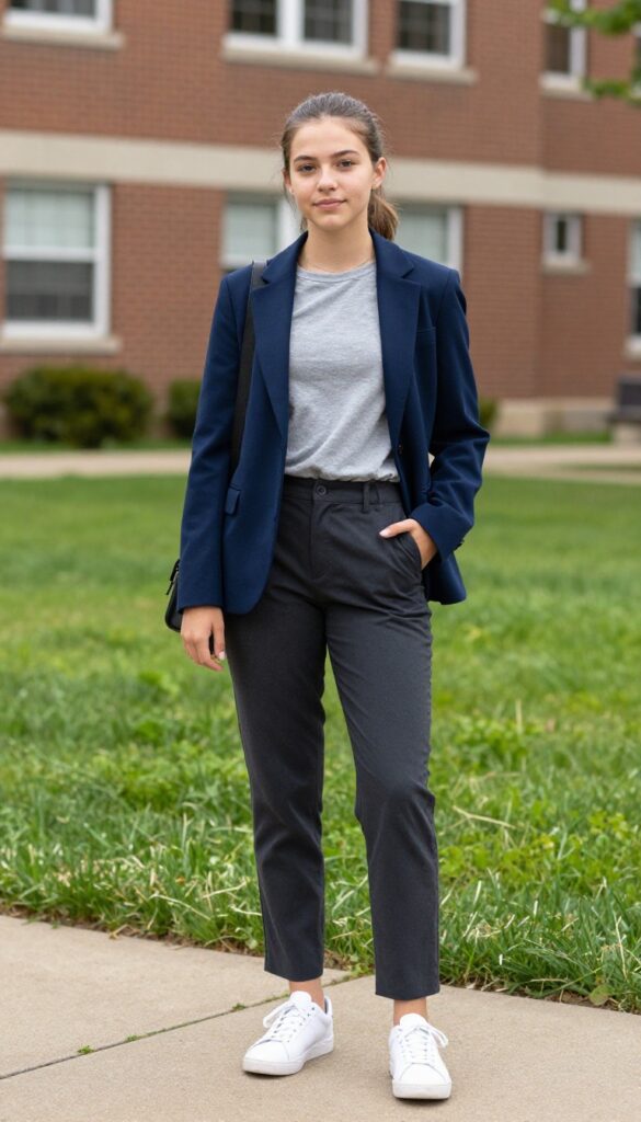 7. Long-Sleeve Tee + Blazer + Cropped Trousers