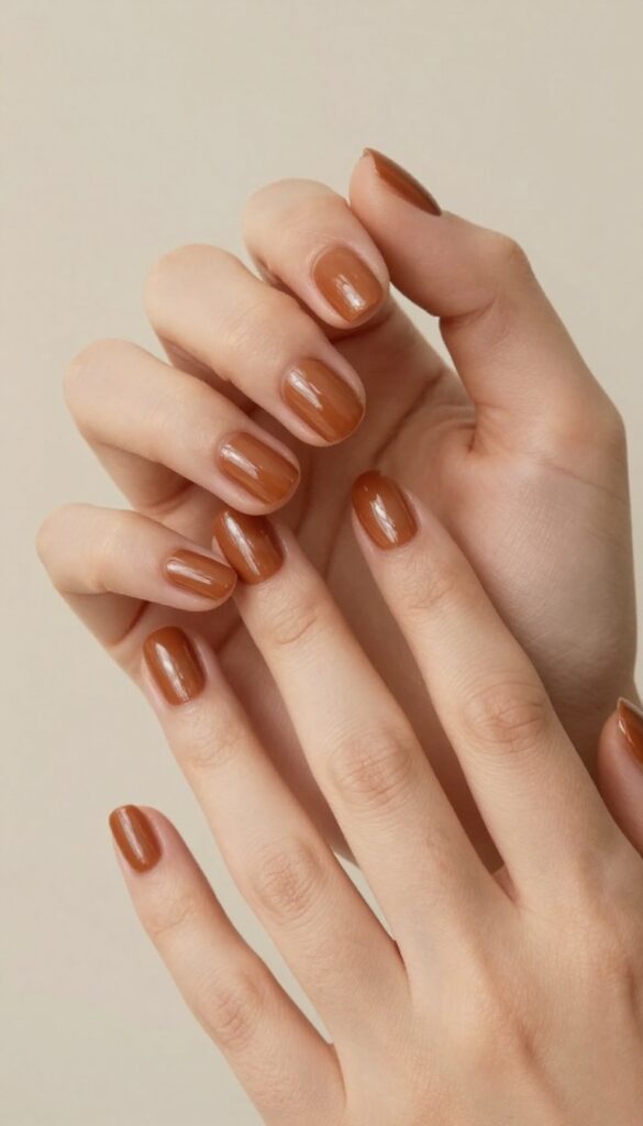 Short nails with cinnamon spice glazed gel polish