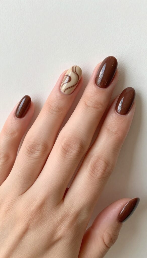 Chocolate mocha swirl nails with brown base and cream swirls on almond-shaped nails