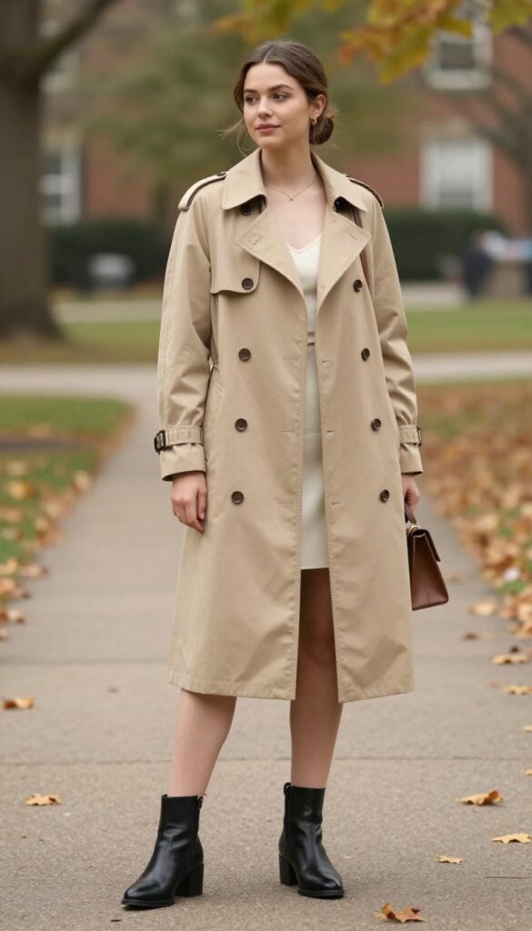 6. Trench Coat with a Slip Dress and Ankle Boots