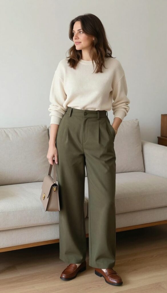 2. Wide-Leg Trousers with a Tucked Knit Top