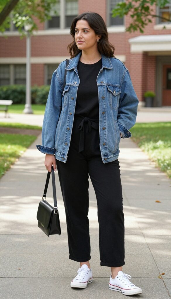 7. Black Jumpsuit + Denim Jacket + Canvas Sneakers