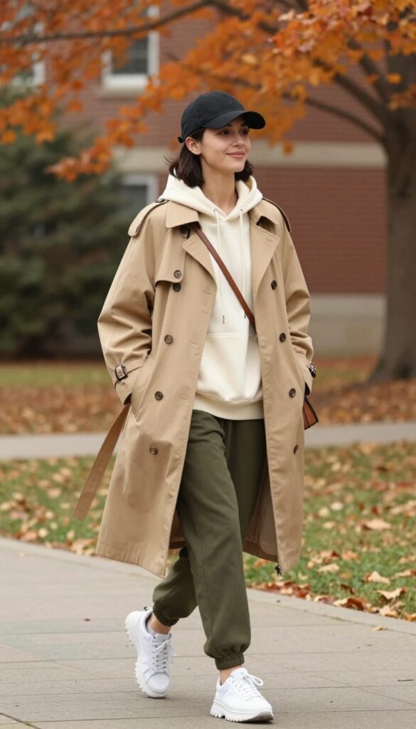 8. Trench Coat + Hoodie + Joggers + Chunky Sneakers
