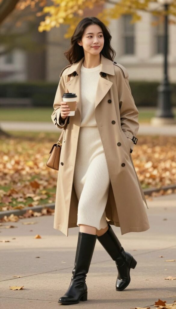 11. Trench Coat With Knit Dress and Knee-High Boots