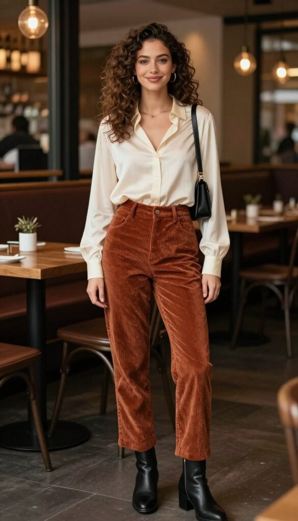 7. Corduroy Pants & a Silk Blouse