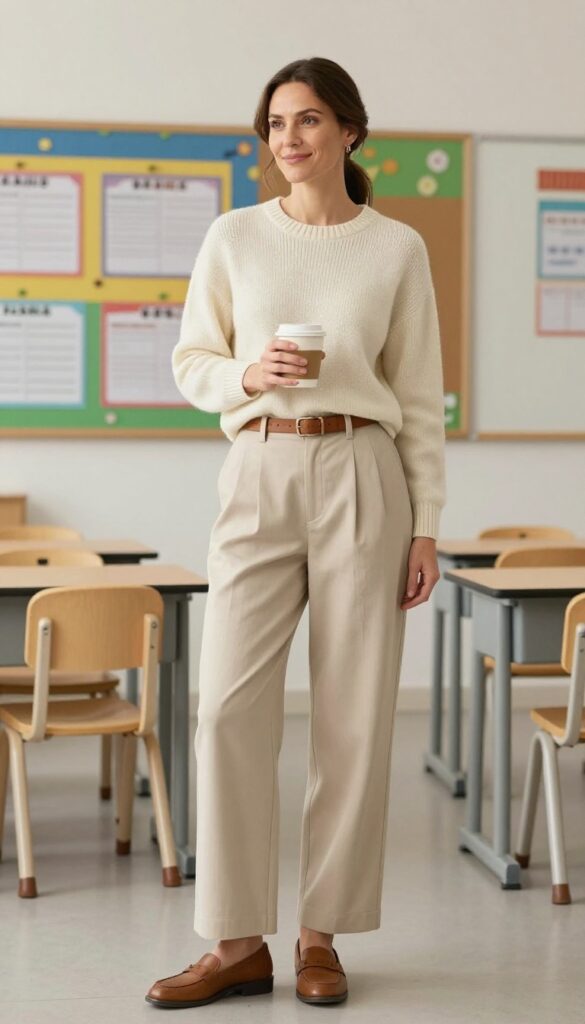 8. Wide-Leg Trousers + Fitted Sweater + Belt
