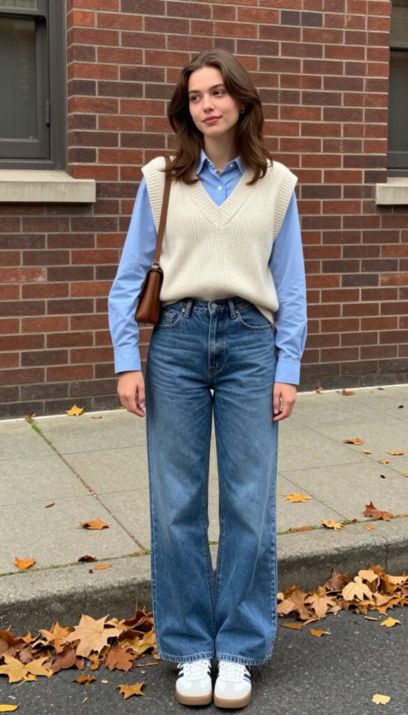 4. Knit Vest and Wide-Leg Jeans